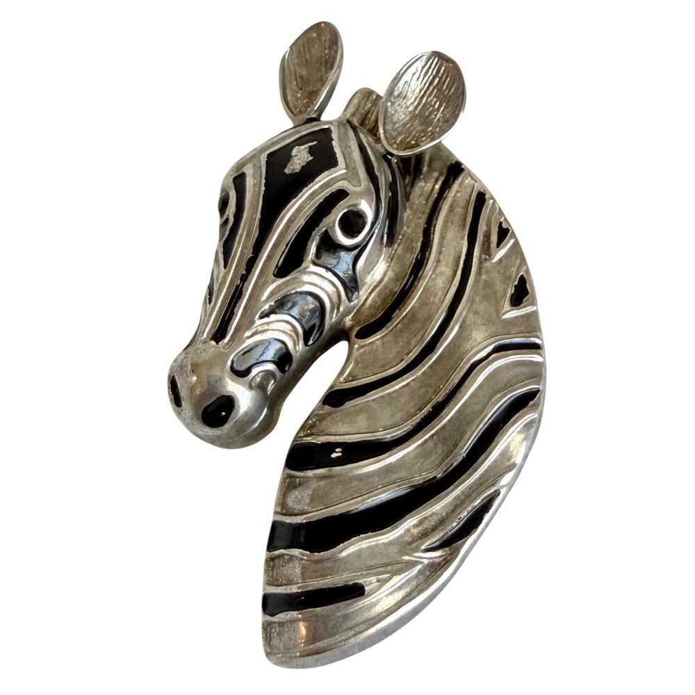 Best Zebra Head Brooch Pendant Women  Silver Black Enamel Safari Art Deco